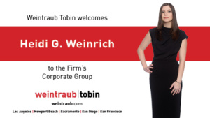Poster reading "Weintraub welcomes Heidi Weinrich to the firm's corporate group